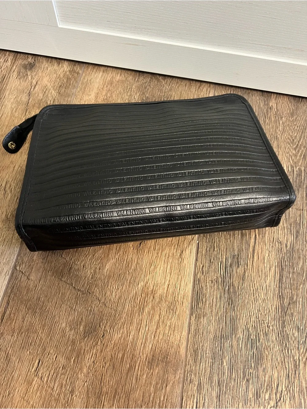 Vintage Mario Valentino Black Embossed Leather V Logo Clutch - Like New